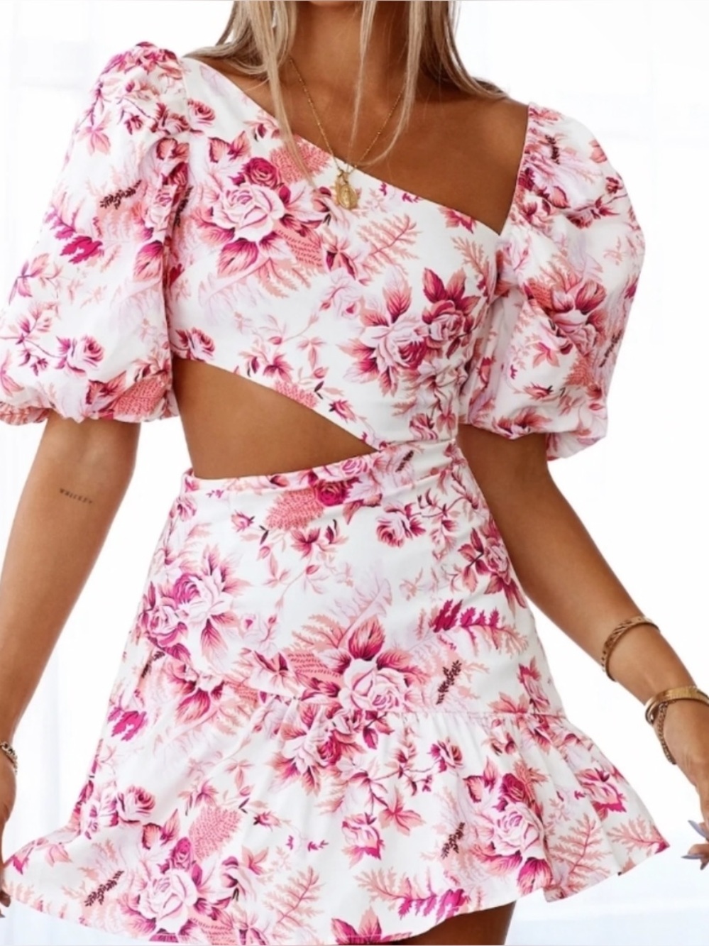 Hello Molly Pink Floral One-Shoulder Cutout Mini Dress